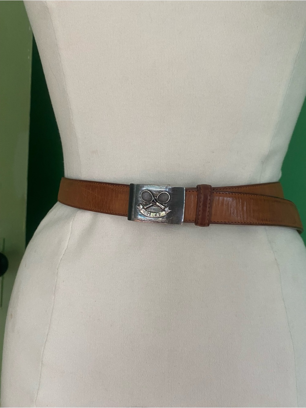 Vtg Ralph Lauren RL 67 tennis sterling silver buckle brown leather belt Italy